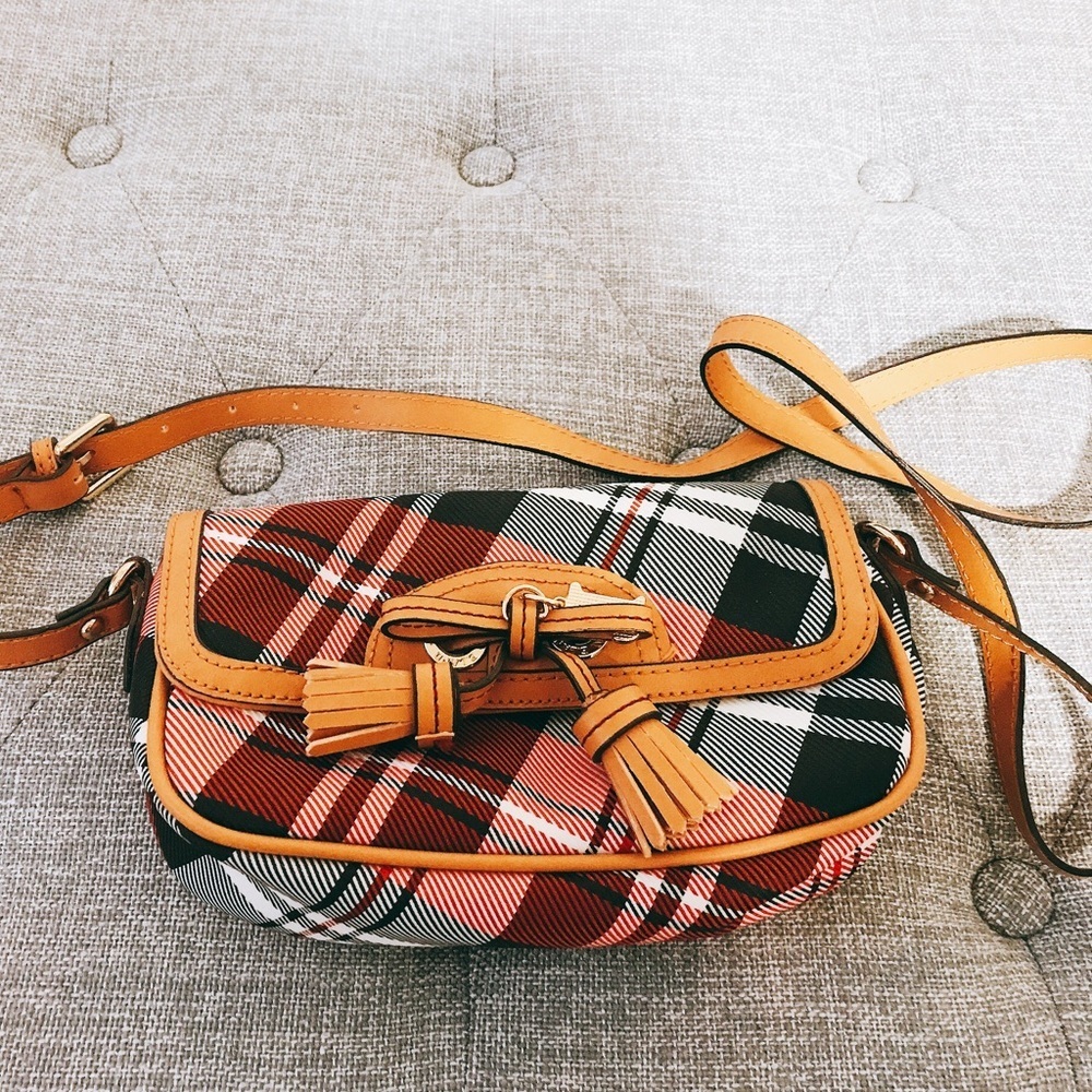 Chic Plaid Crossbody Bag with Tan Leather Details